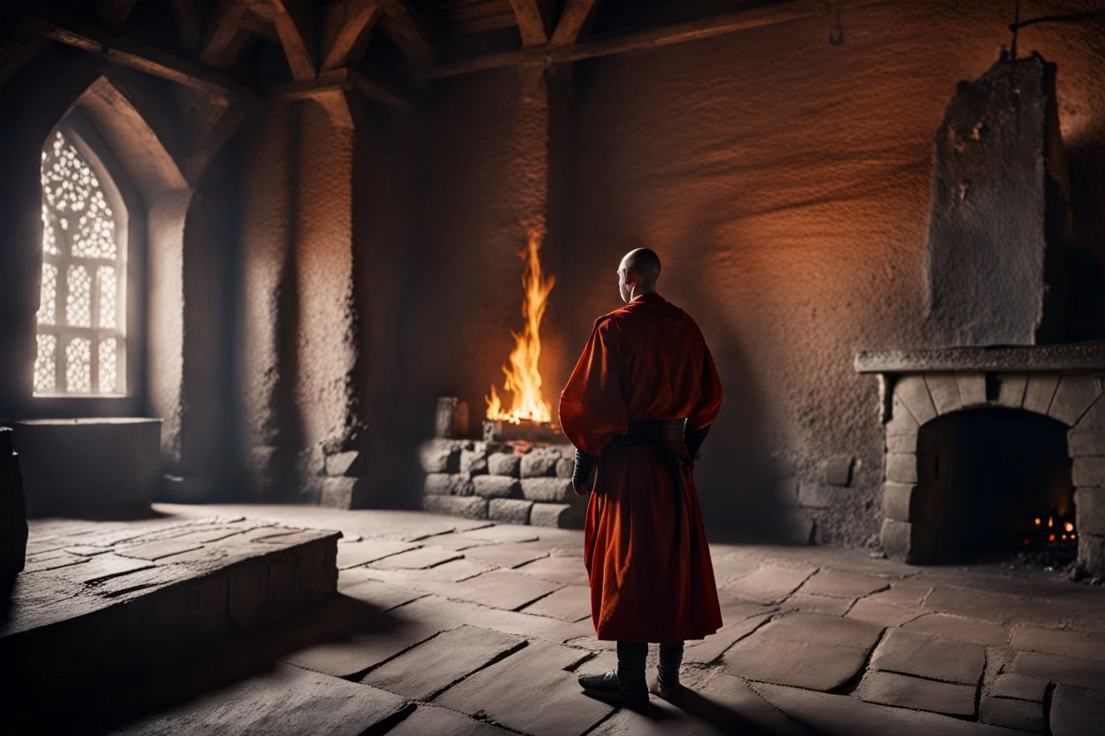 Interior of castle, warrior monk stands before the fireplace