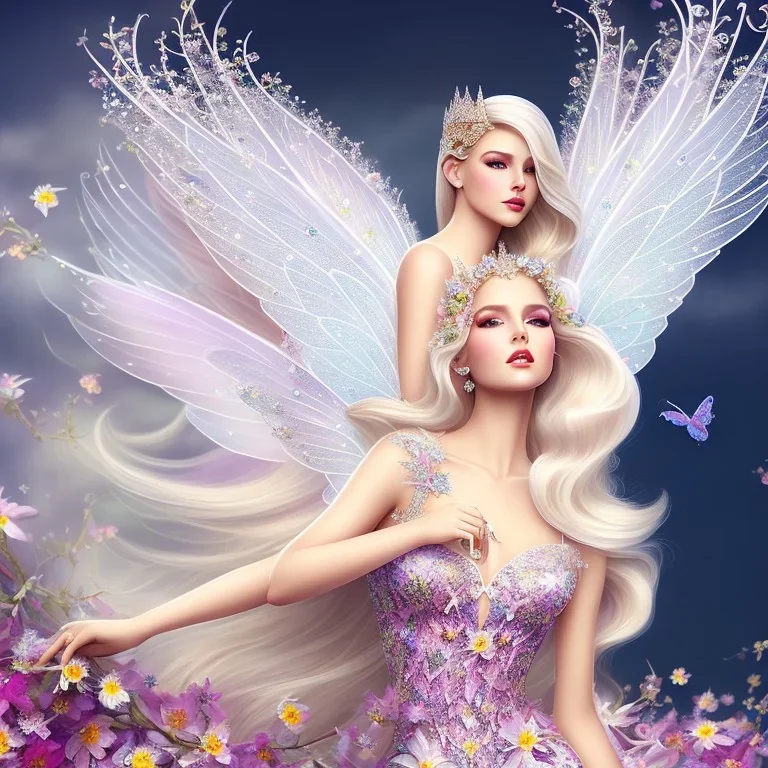 fantasy fairy with transparent wings, smiling, make up, long platinum blond hair with crown and flowers, arcoris dress