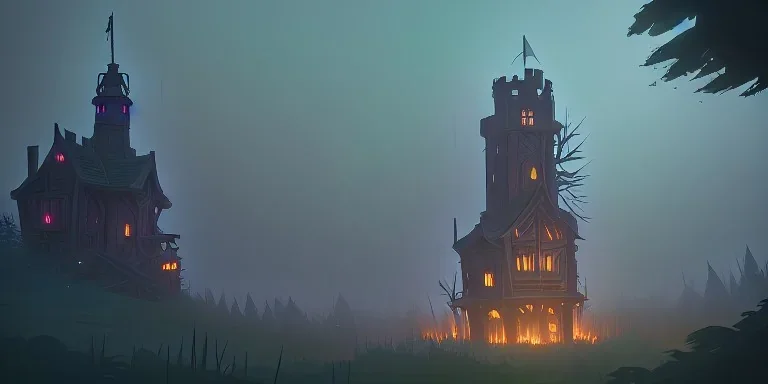 Ruined overgrown small castle tower in a dense coniferous forest, night, misty, atmospheric, fireflies