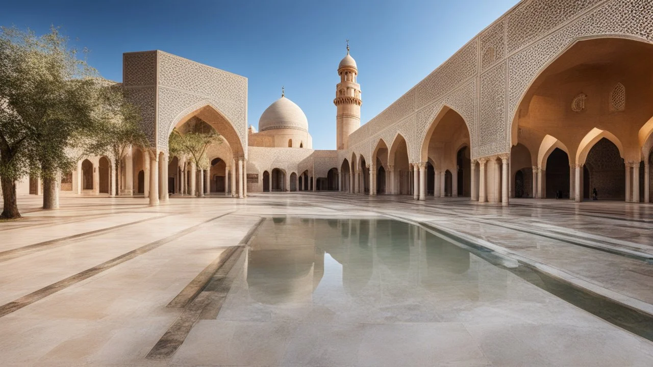 Mosque courtyard, arches, minaret, beautiful composition, award-winning photograph, astonishing realism