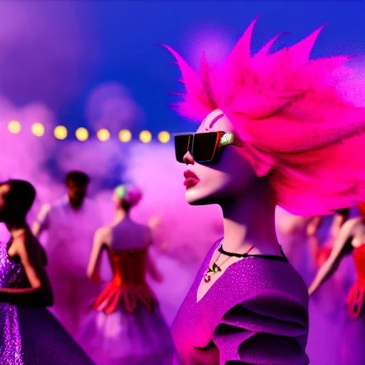 Ultra Realistic photo, medium shot view, drunken dancer women, carnival scene, steampunk. Pink hair, confeti, Sunglasses, smoking, happy, festival, red fog. highly detailed, concept art, unreal engine 5, ray tracing, RTX, lumen lighting, ultra detail, volumetric lighting, 3d, finely drawn, high definition, high resolution.