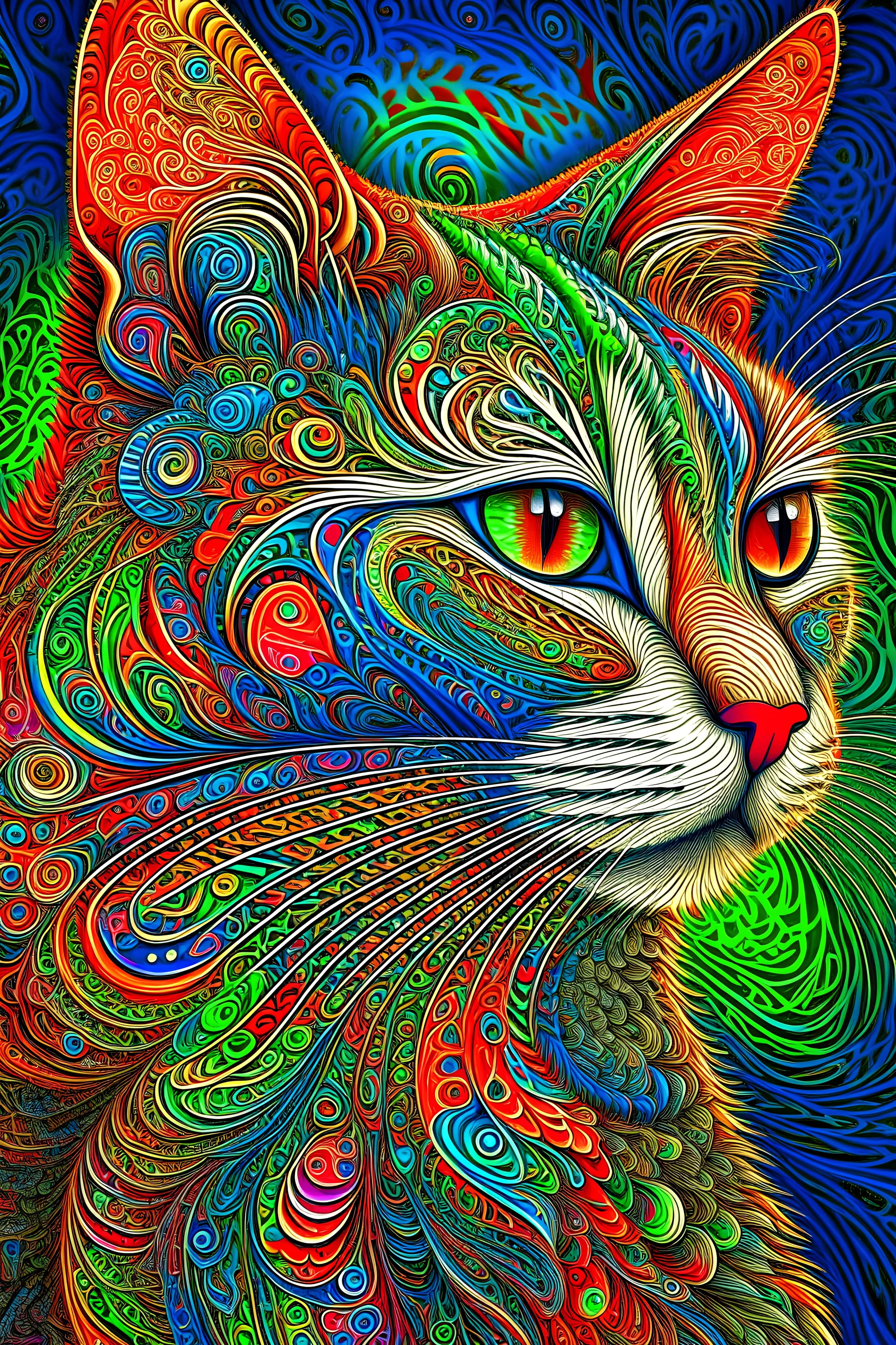 (masterpiece, top quality, best quality, official art, beautiful and aesthetic: 1.2), extremely micro detailed, fractal art, (colorful: 1.5), highest detailed, zentangle, close-up, (1cat), (abstract background:1.5), (shiny skin),