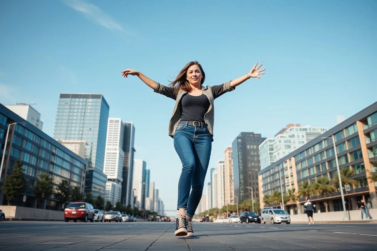 modern city wide street,pretty city scape at background ,blue sky , young beautiful ladies in pants and long shirt ,hip-hop dancing