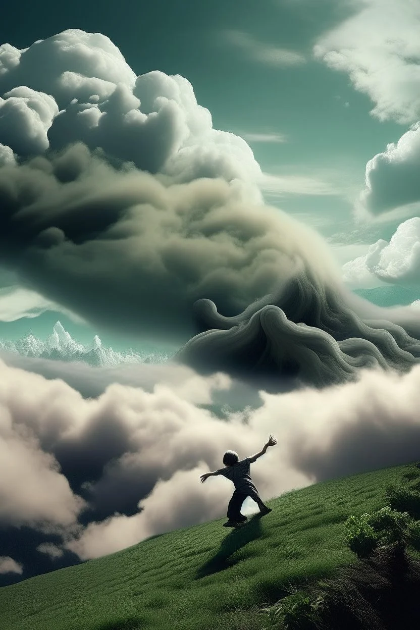 Generate a surrealistic landscape with God reaching down from a cloud to lift someone up
