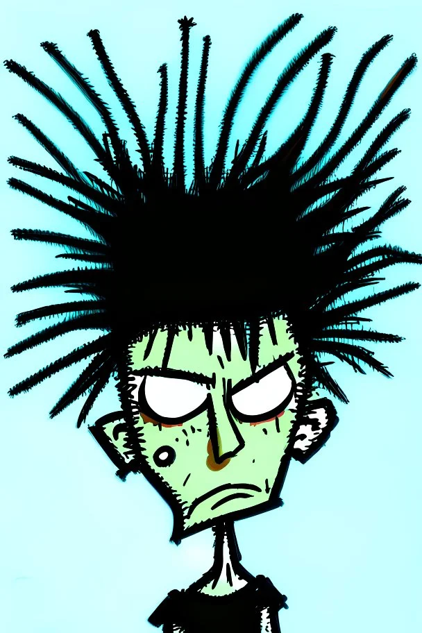 2d drawing of a stickman, cool with punk hair, just woke up, eyes are sleepy ,3d realistic in colour