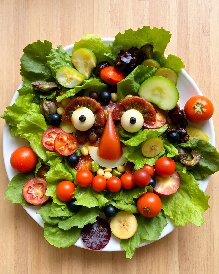 Made a craft a face made by fresh salads fruits and vegetables toping sauce