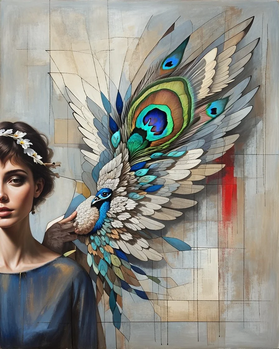 Minimalist abstract artwork in mixed media, depicting a woman with wings like a peacock's fanned plume, radiating as a colorful aura. Contemporary, minimalistic, and surreal, conveying enlightenment, discovery, and exhilaration. Influenced by Jacek Yerka and Richard Burlet, with subtle textures and a sophisticated palette of muted neutrals, deep blues, and striking red accents. Visionary and esoteric, with an emotional, mystical quality.