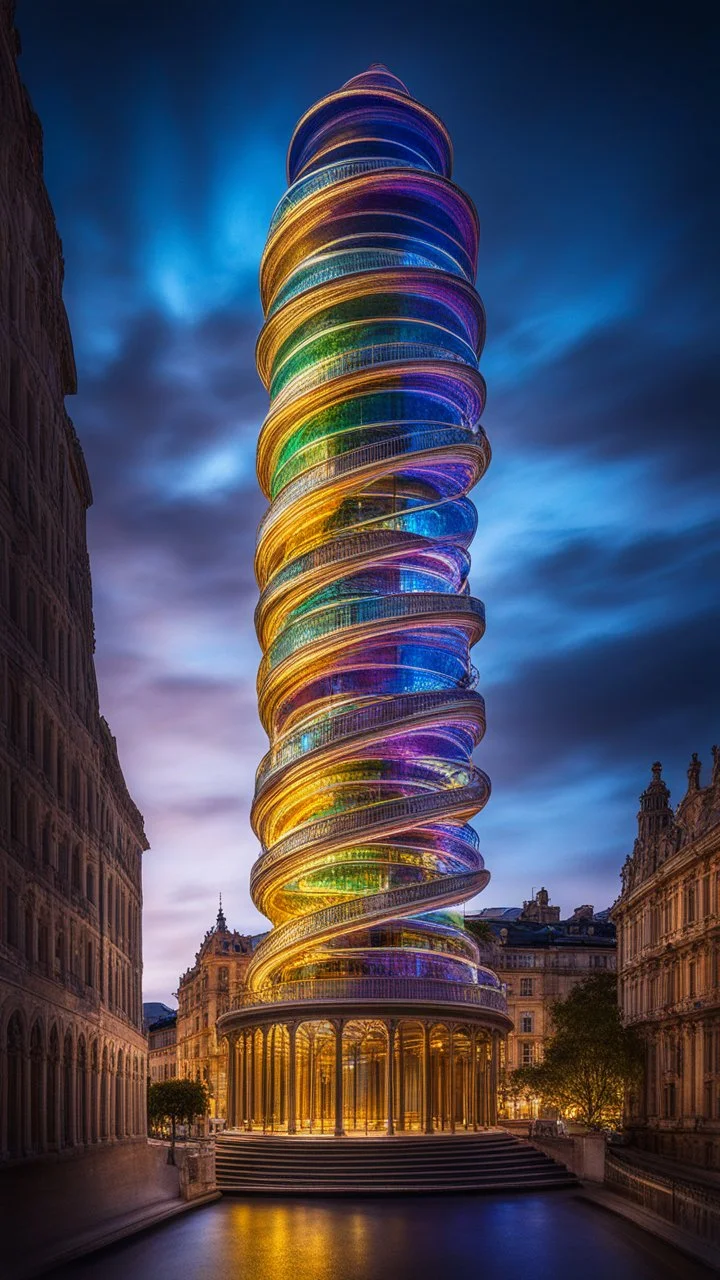 94614, delightful, sensitive, confident, iridescent double helix tower, delicate, nocturnal, architecture, award-winning photograph, beautiful composition, filled with beautiful detail, delicate colour, chiaroscuro