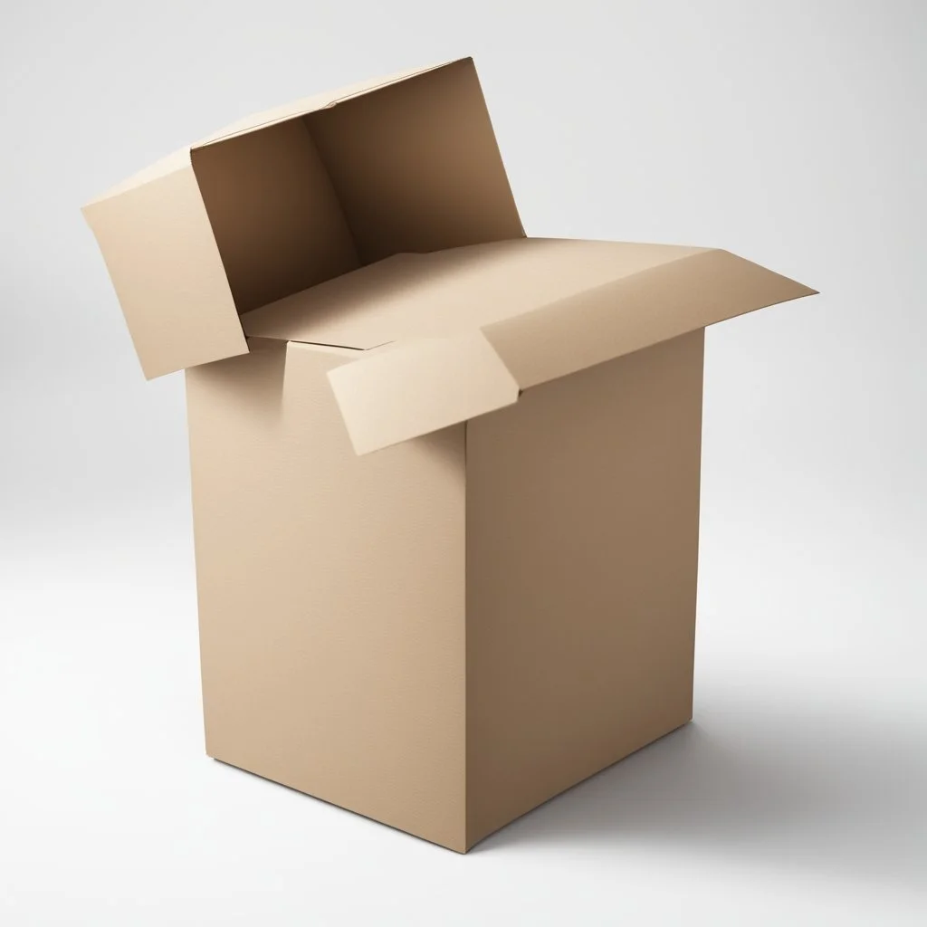 illustration of a carton moving box with an envelope in it against a white background. Full frame