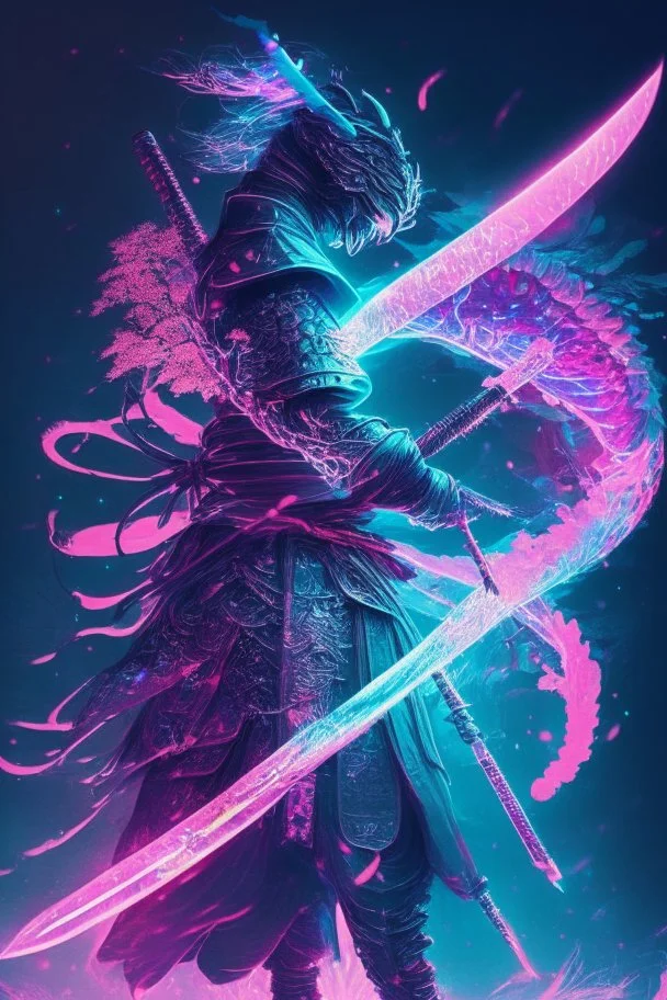 Mystical samurai emitting an aura of transparent dragons with a long, neon sword emitting an aura