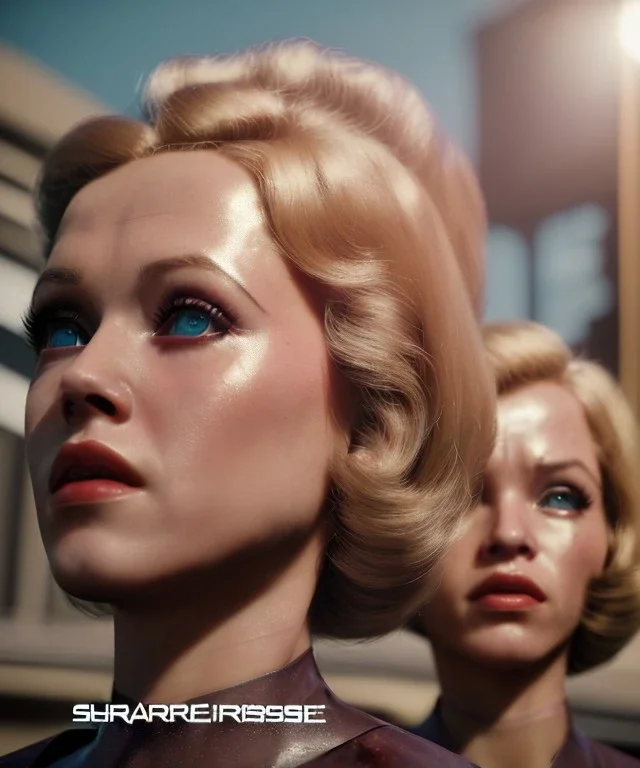 Ultra Realistic retro sci-fi movie Supermarket parking scene, 1960 year, waist up view portrait, 2 clones blonde women, sweet teenager Jane Fonda face, perfect iris, glow eyes, face makeup, tight latex coat, Scare people background, Retro sci-fi style, soft color, highly detailed, unreal engine 5, ray tracing, RTX, lumen lighting, ultra detail, volumetric lighting, 3d, finely drawn, high definition, high resolution.