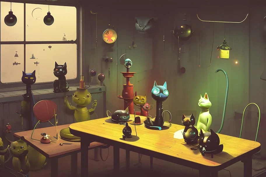 Happy cats sitting on a table :: industrial robotic cats, characters from machinarium pictoplasma, assemblage of naive art and les automatistes, by Alexander Jansson and Leo Lionni, a storybook illustration of a surrealist cat sculptures, cgsociety and behance contest winner