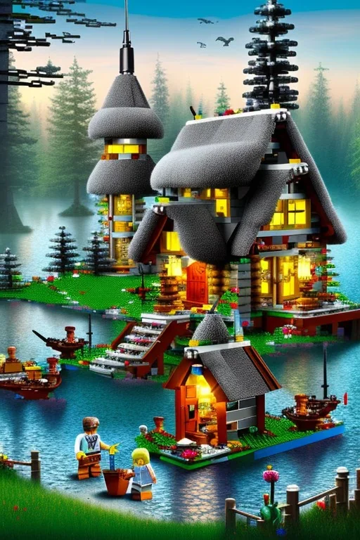 lego cottage in the forest with lake boy girl