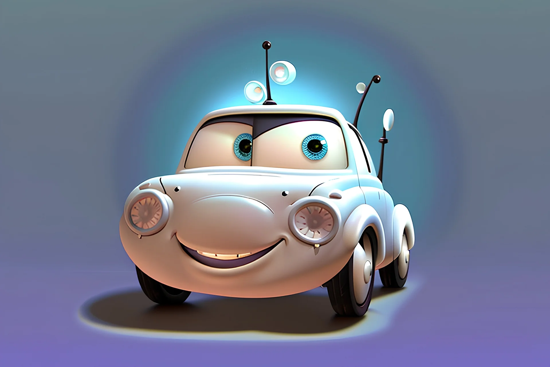 whimsical cartoon car with big eyes and a friendly smile, accompanied by various mechanical parts that form the shape of the car. The cartoon car should have a round body and a pair of big, round headlights that look like eyes. The eyes should be friendly and cute, with thick lashes and a bright sparkle. The car should also have a wide grille that forms a smile, with a row of teeth made of tiny nuts and bolts. The smile should be slightly crooked.