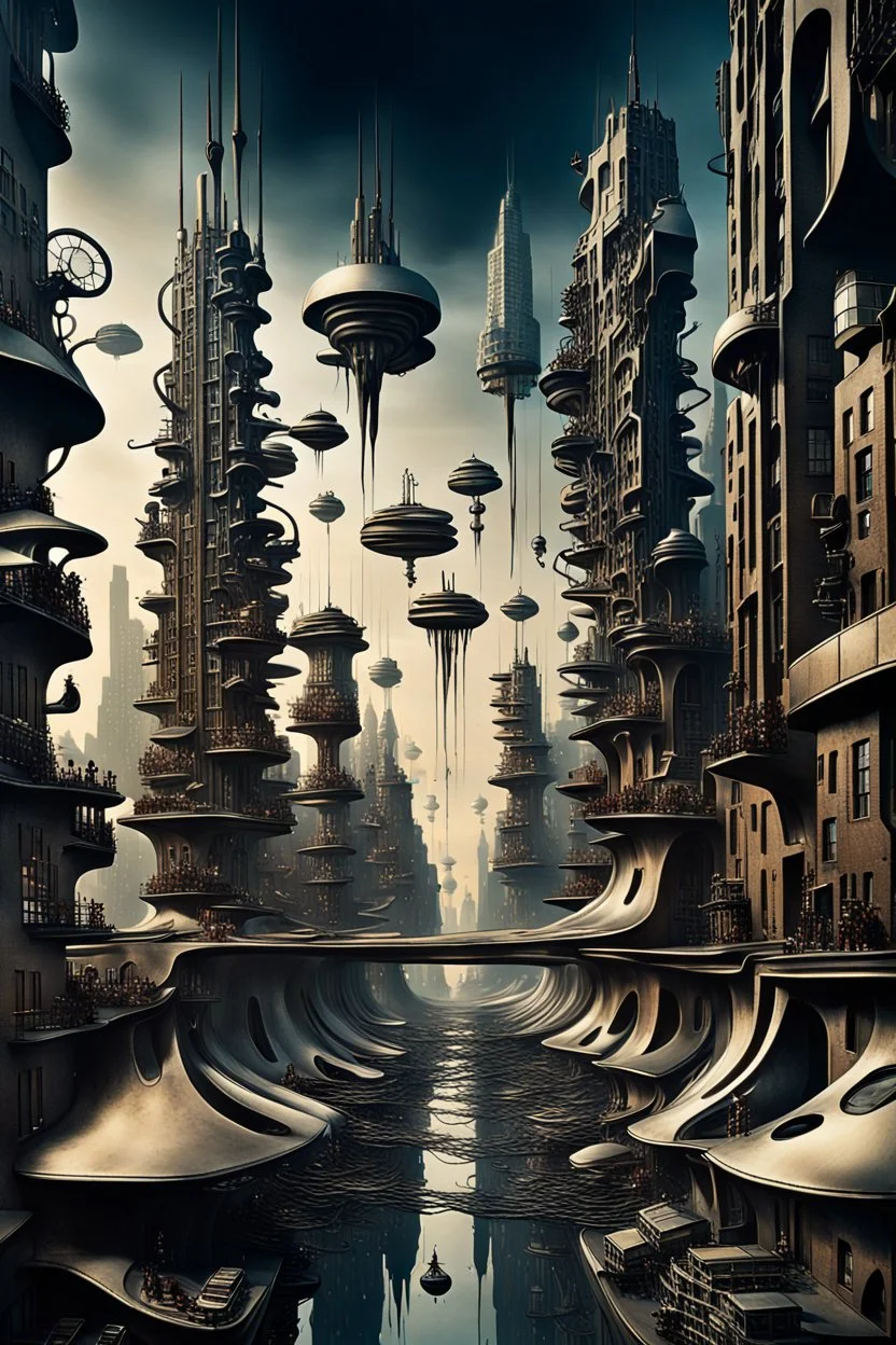 a stunningly weird image of a futuristic metropolis using Salvador Dali's paranoiac-critical method, where buildings and structures appear to melt into the skyline cityscape is filled with floating mad, twisted sharp metal shapes that interact with the buildings and each other, forming a surreal tableau of a dreamlike reality. neu-steampunk vibe, essence of the scene in a cinematic manner, with dramatic shadows that enhance the distorted perspectives and bizarre