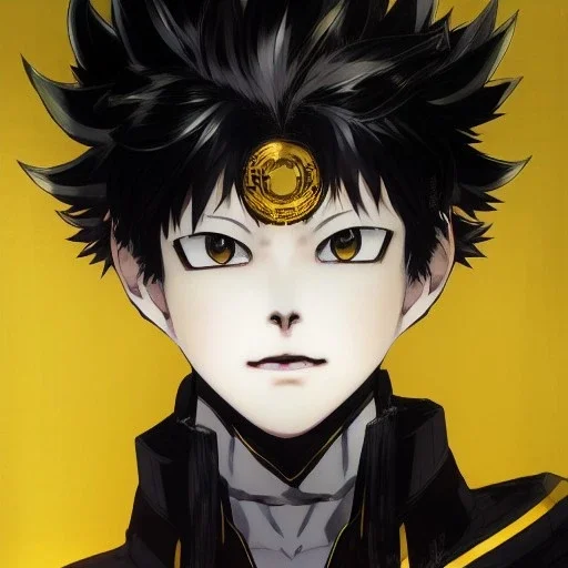 Detailed anime portrait of tangsan from my hero academia, gold hair and golden eyes, black suit, intricate details, full body portrait, keep head in frame, slight smile, black Japanese motif, concept art, highly detailed, digital painting, concept art, sharp focus, illustration, art by Yoji Shinkawa, WLOP and greg rutkowski and alphonse mucha and artgerm and yanjun Chen and Junji ito and Makoto Shinkai, HDR, octane render