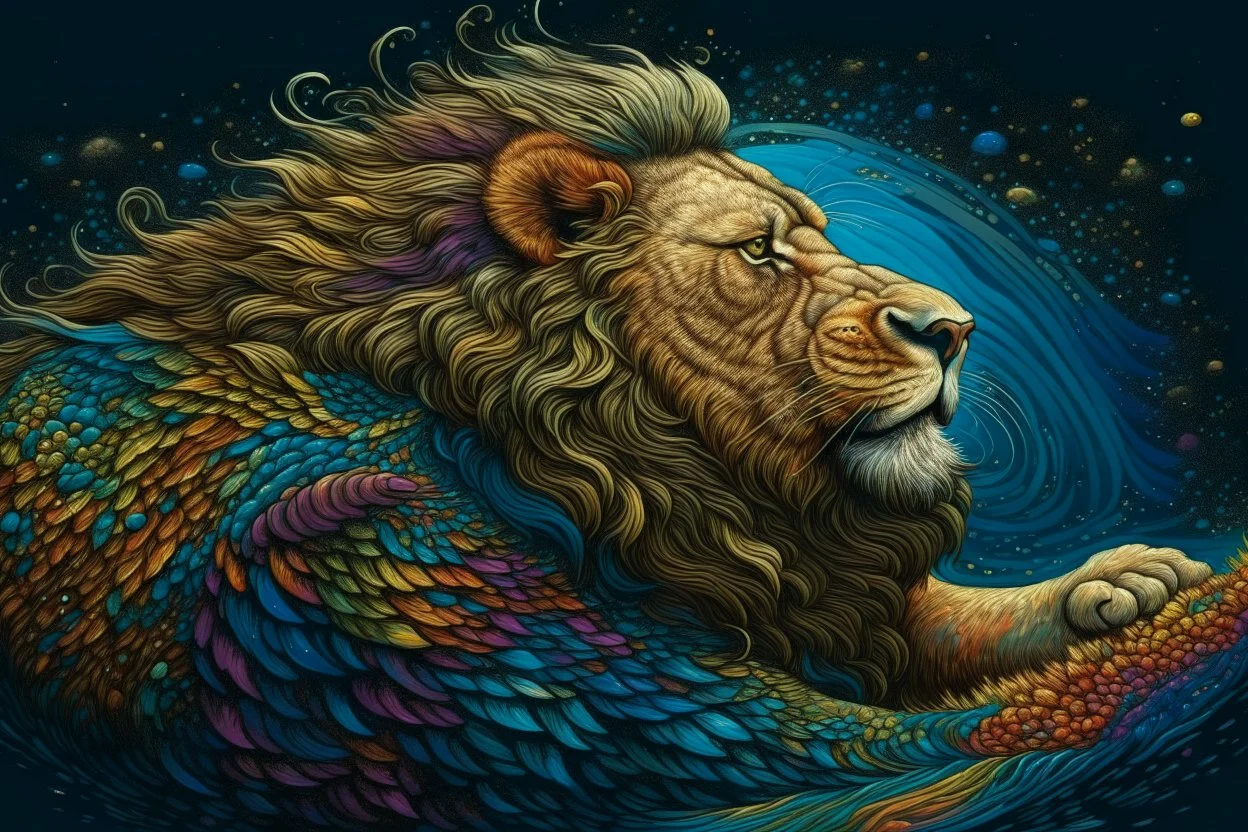 Swirling Illustration by James R. Eads. Cosmic lion, psychedelic. A fantastic depiction of cosmic lion in full figure, created by dappled brush strokes, against a starry night sky. The silhouette has a majestic lion shape. Created by swirling dappled linework in vivid tones of all vibrant colours. Reminiscent of Van Gogh's "Starry Night." The surreal silhouette is a full lion figure with majestic mane, filled with a cosmic pattern, intricate constellations, and a crescent moon, evoking the feeli