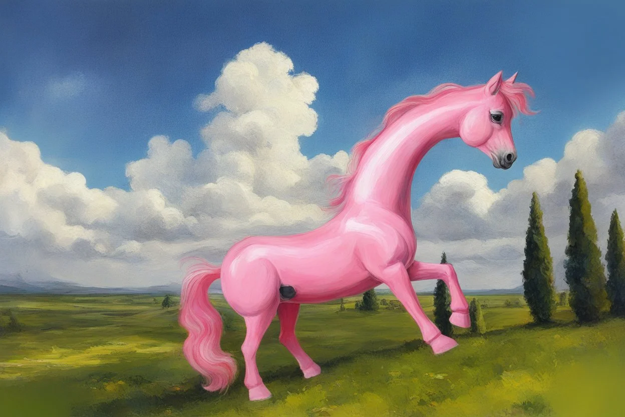 Big pink plastic toy horse.19th painting