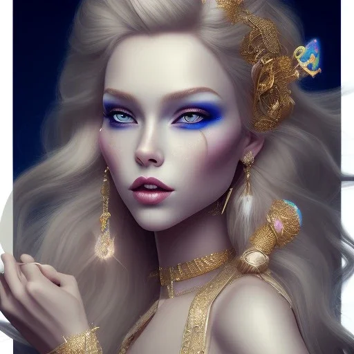 a princess with a lot of jewellery, long blonde hair, gold lipstick, blue eyes,with feather dramatic, dramatic lighting, pixar style, volumetric lighting, hyperrealism, 8k, high quality, photorealistic, lot of details