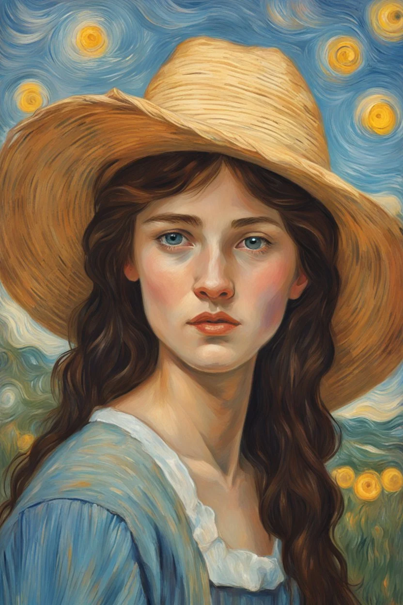 A girl with long dark brown hair, with a straw hat on her head, blue eyes, dressed in farm clothes, Portrait of Van Gogh