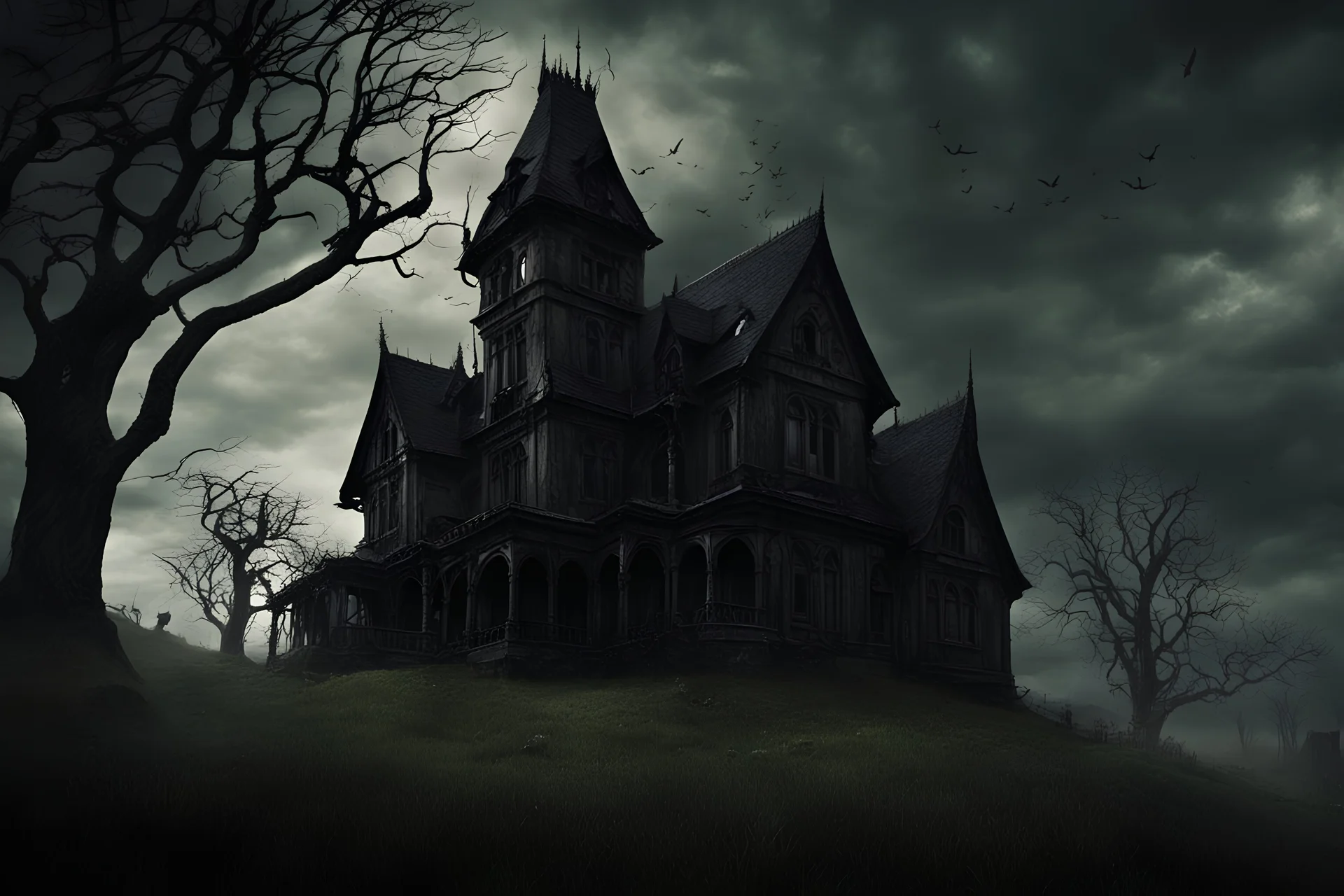 grandiose and cinematic (realistic) photo in realistic colors of an (gothic house on a hill - grass with zombies for blades - gloomy day - horror atmosphere) ((gothic house on a hill - grass with zombies for blades - gloomy day - horror atmosphere))