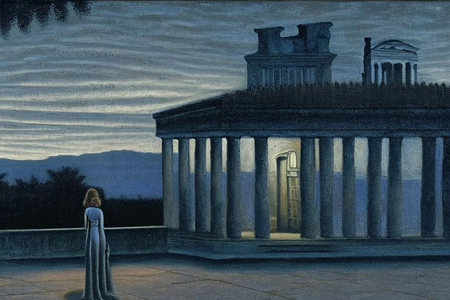 A woman waiting outside a temple at dusk by artist "Paul Delvaux"