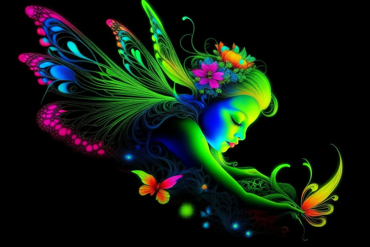 black light art neon colors cute sleeping fairy