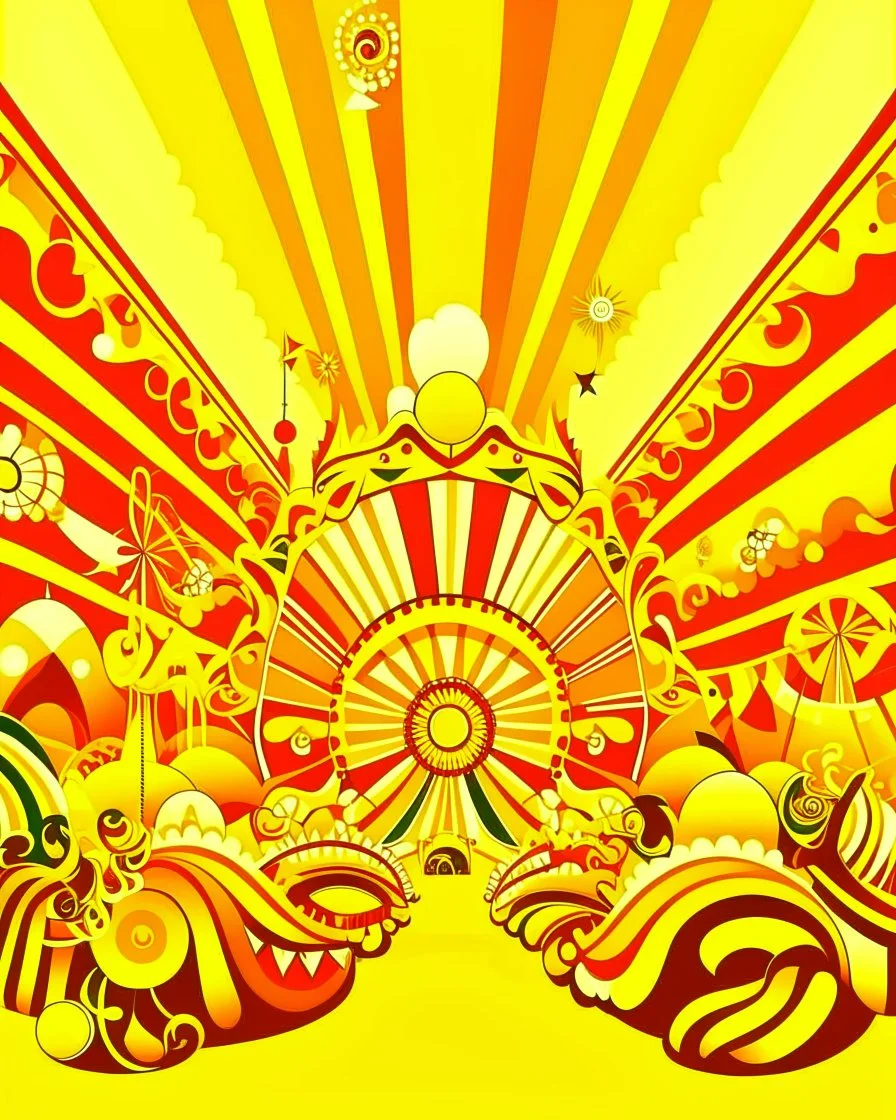 A golden yellow carnival with beaming magic in pop art style