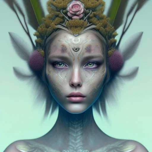 Portrait of beautiful girl, face dept of field,face shining, plant, metal, feathers, Dryad, fae, sidhe, ominous, nature, plants, wildflower, facepaint, dnd character portrait, intricate, oil on canvas, masterpiece, expert, insanely detailed, 4k resolution, retroanime style, cute big circular reflective eyes, cinematic smooth, intricate detail , soft smooth lighting, soft pastel colors, painted Renaissance style,sharp fucus, bokeh,macro lens, 1500mm lens