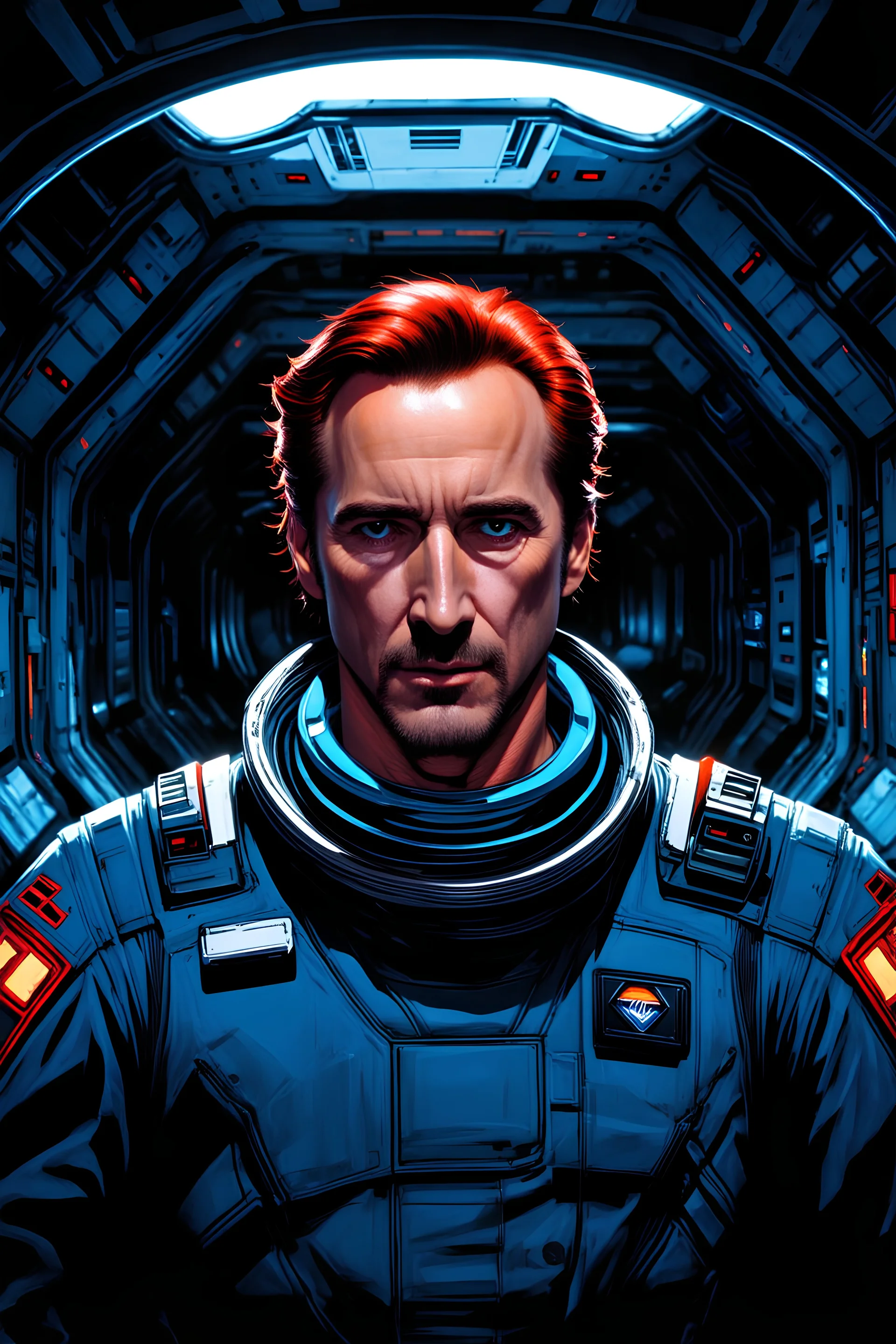 Portrait of a young Nicolas Cage in a sci fi outfit, starfinder, space explorer, red hair, inside of a starship, art style.