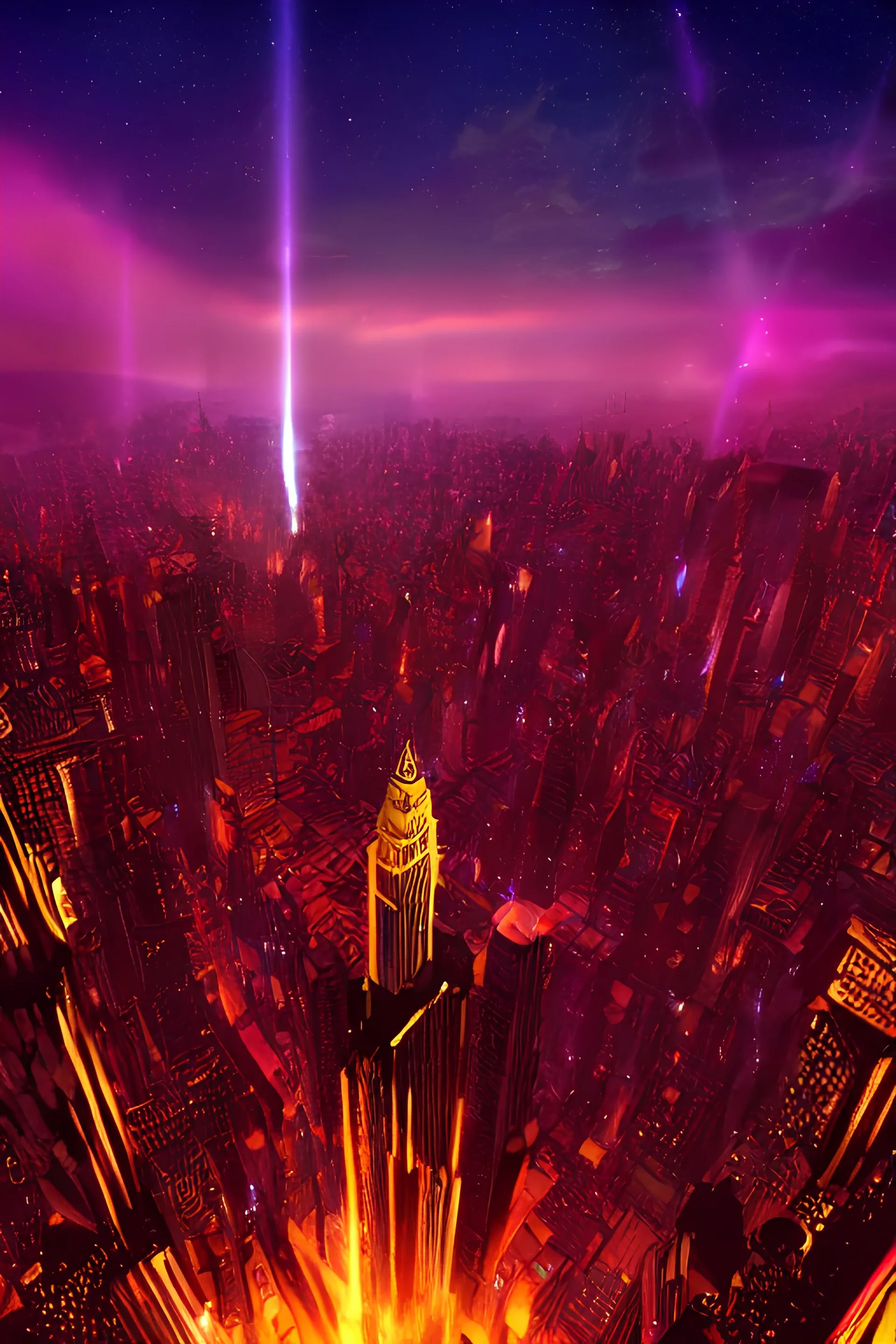 New york city, beams of light from sky, matte painting, electric sky, dreamscape, stars, global illumination, the great beyond, pilgrimage, trending on artstation, color palette of movie mandy 2018