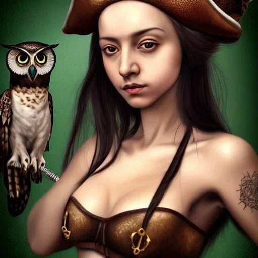 hyper realistic, young small cute girl, short black air, green eyes, with owl tatoo, dressed a steampunk pirate, bra with carved leather, Tintoretto ships in background. salvador dalì style. high details, meteor shower. 4k, unreal engine Upscale PRO hyper realistic, young small cute girl, short black air, green eyes, with owl tatoo, dressed a steampunk pirate, bra with carved leather, Tintoretto ships in background. salvador dalì style. high details, meteor shower. 4k, unreal engine