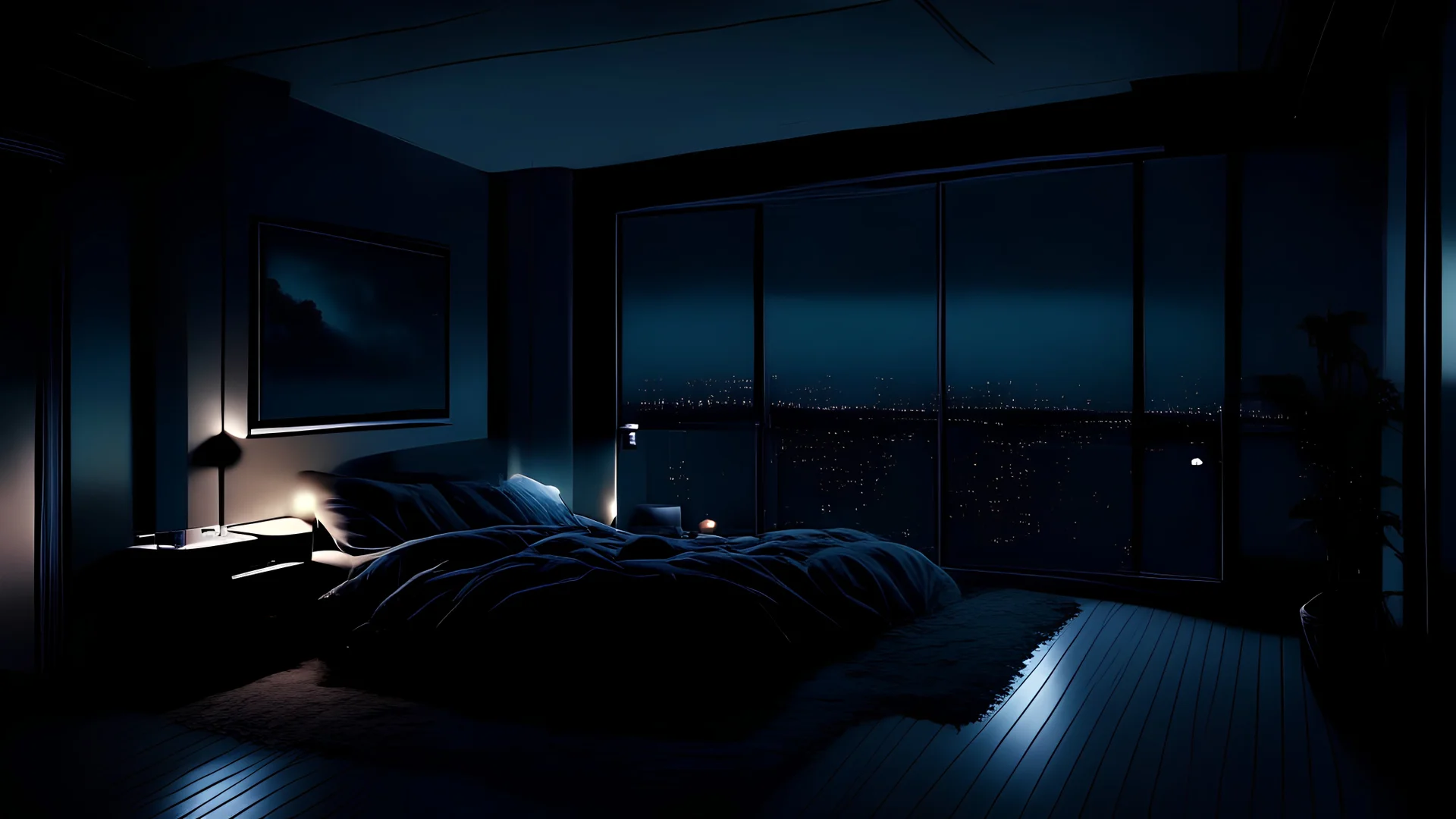 penthouse bedroom at night, dark gloomy, A room with