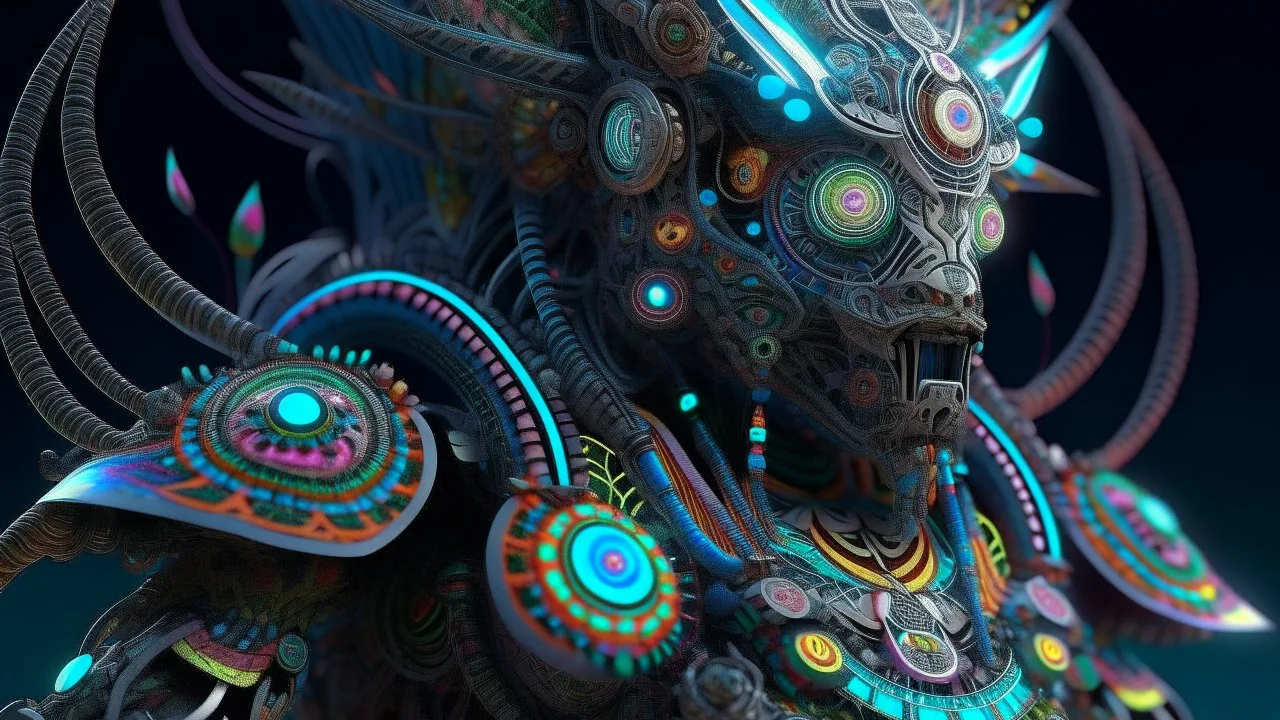 photorealistic Huichol warrior cyborg marauder opalescent space gigantic monster, interstellar galactic particles stream event horizon, quantum wormhole