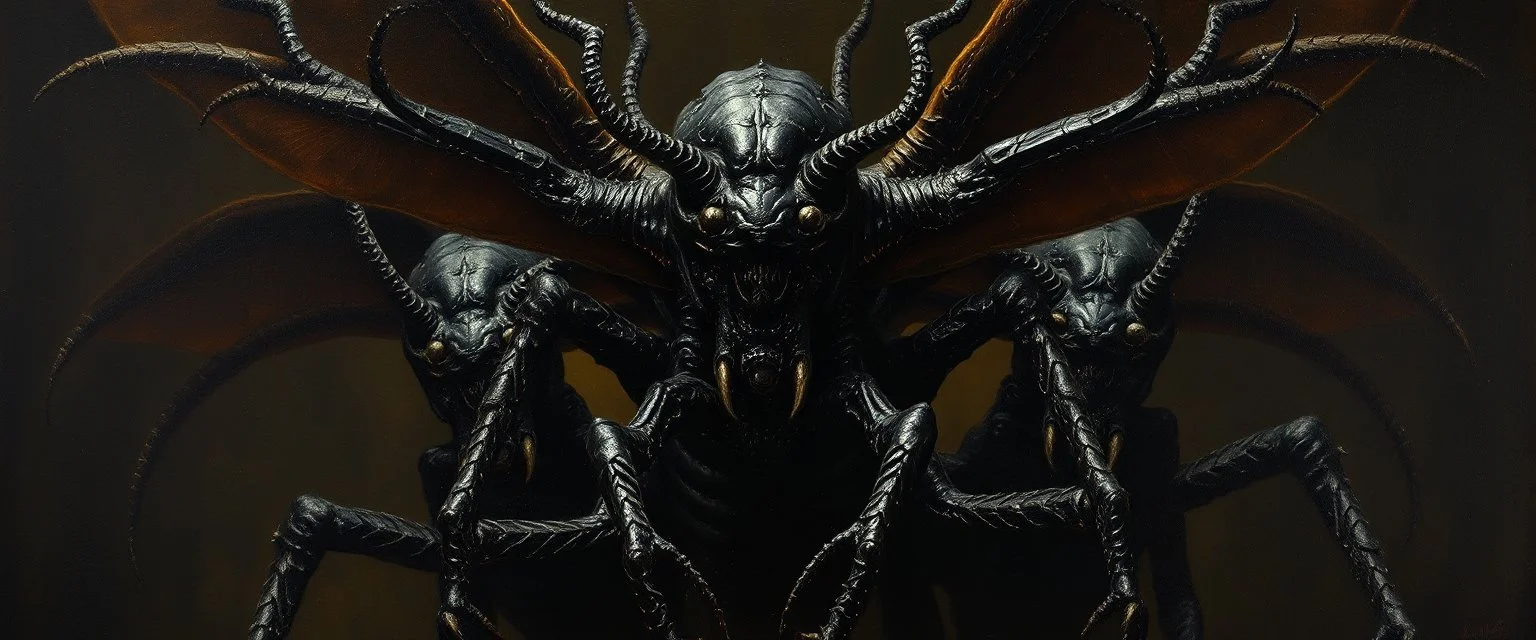 master oil painting by Rembrandt, black glistening slimy insectoid Nephilim tribe trauma watchers in the style of Giger