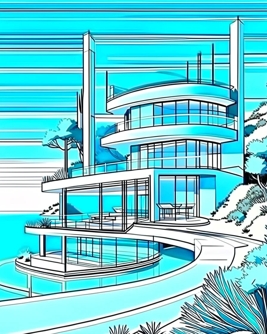 Architectural illustration of a captivating masterpiece of modern minimalist architecture, neo-futurist style. The scene shows a luxury house or resort on a cliff by the sea. Trees three people. Clear summer weather. Complementary colors.