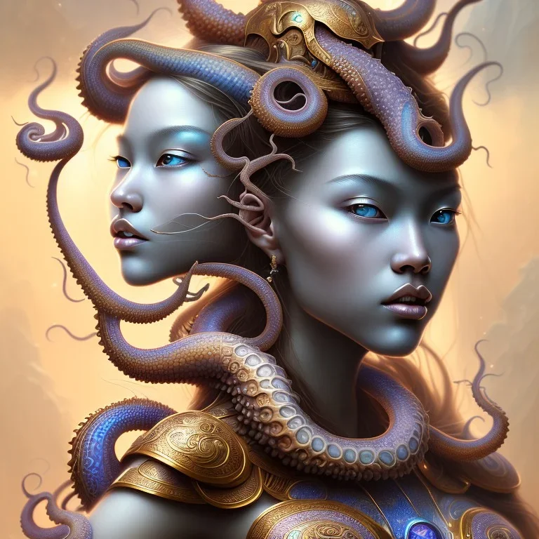 Sango fantasy, fantasy magic, intricate, sharp focus, illustration, highly detailed, digital painting, concept art, matte, art germ and Paul Lewin and Kehinde Wiley, masterpiece Indonesian lady head bronze octopus Asian African girl nice breast Thai hair turquoise silver blue waves