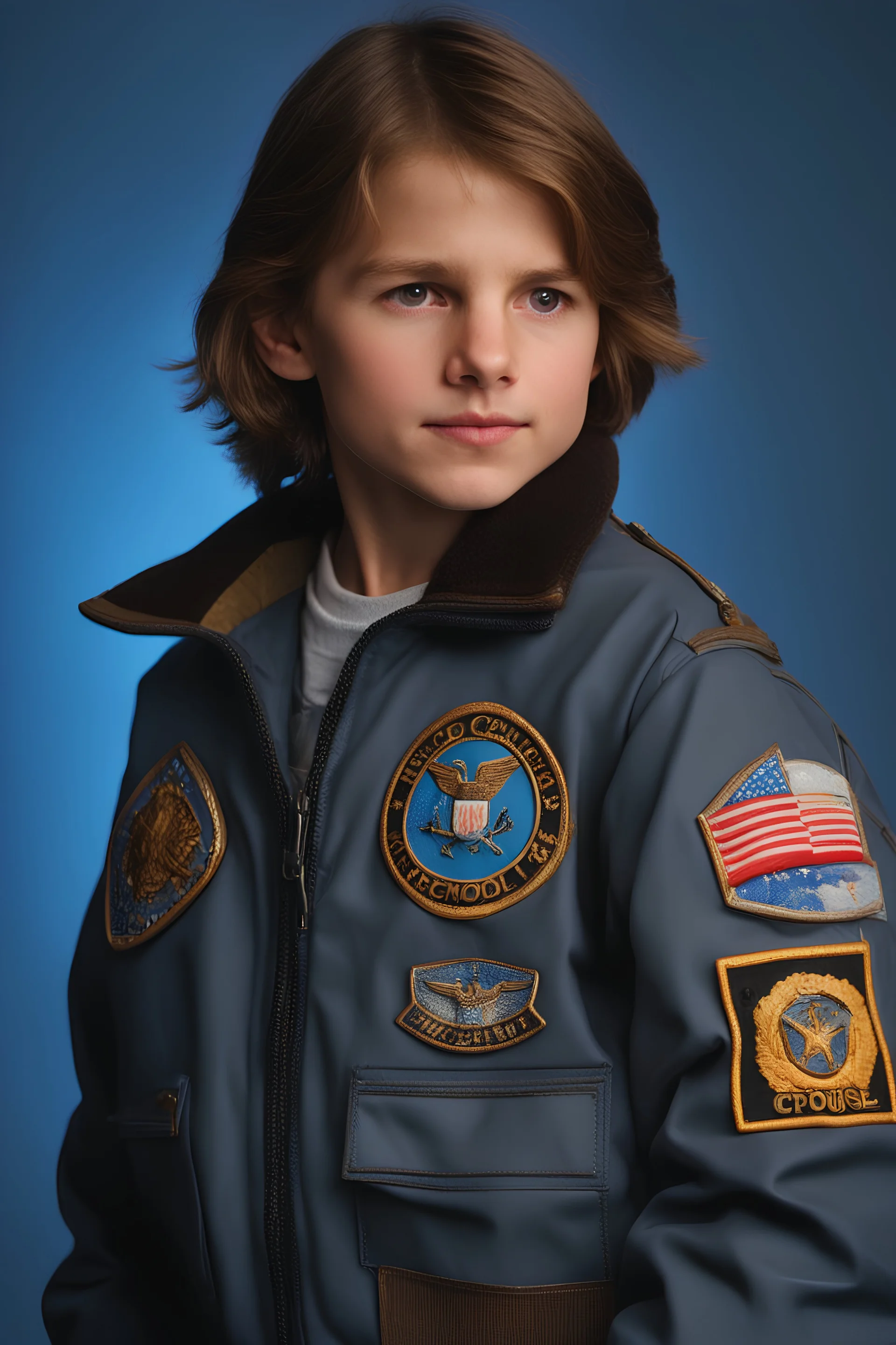 10-year-old Tom Cruise is posing for his school picture wearing a flight jacket adorned with flying patches - Sparkling, Sky blue Background, professional quality studio 8x10 UHD Digital photograph by Scott Kendall - multicolored spotlight, Photorealistic, realistic stock photo, Professional quality Photograph. colored Fog