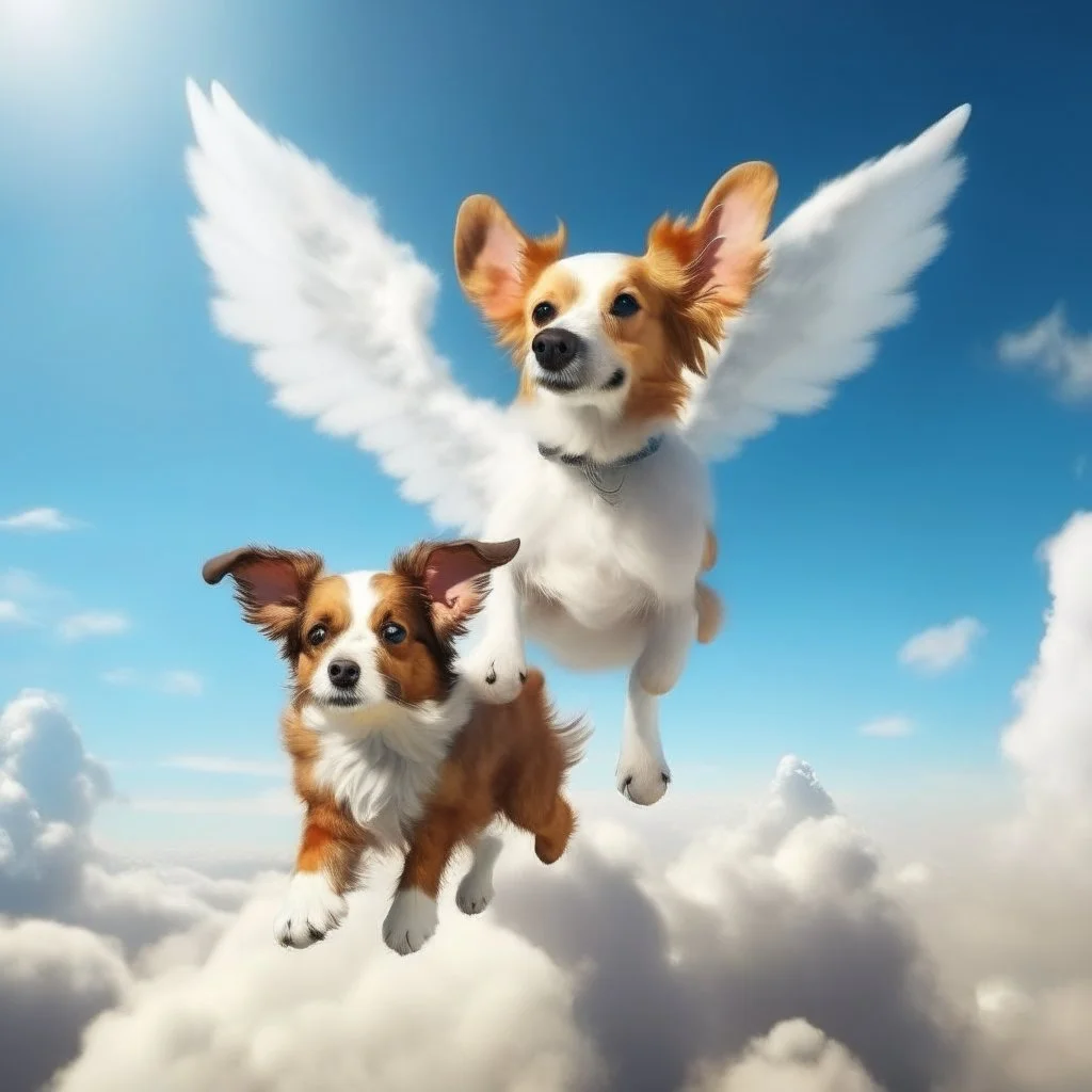 a dog with wings and rabbit ears flying in clouds