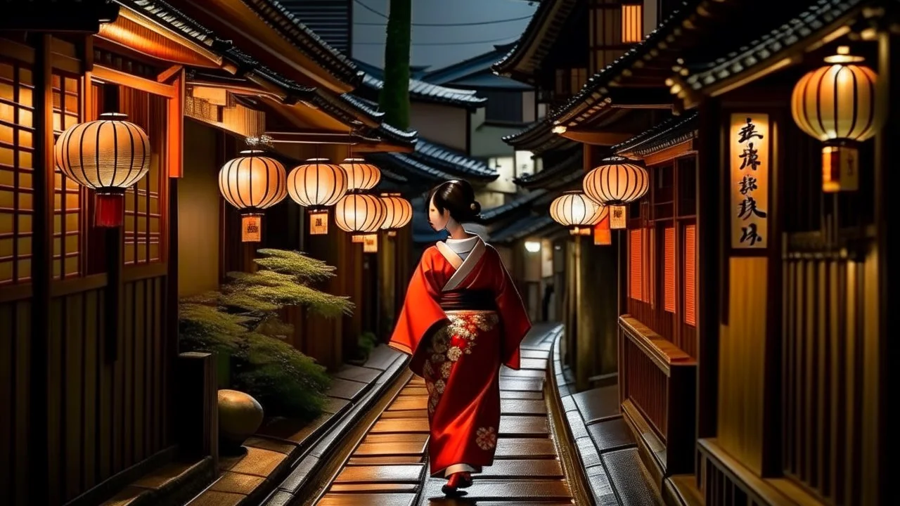 Gion, Kyoto, Japan As evening falls, the street lamps of Gion bathe the streets in a faint glow. Geisha in silk kimonos glide silently between teahouses and wooden restaurants