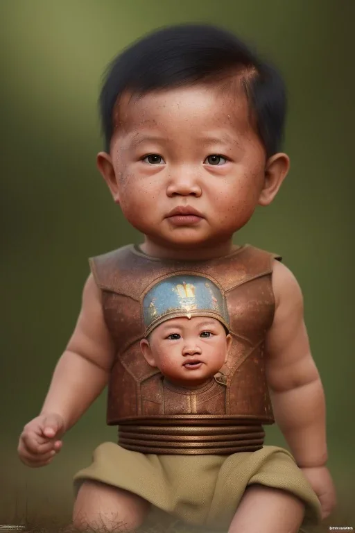 Thailand baby head portrait, warrior costume, village, meditation, woods, cyberpunk, 8k quality