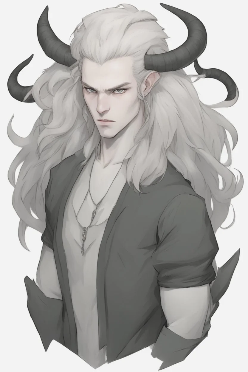 A dnd character portrait, a tiefling man with long hair and two black horns that curve backwards, white eyes and pale skin. Handsome. Young.