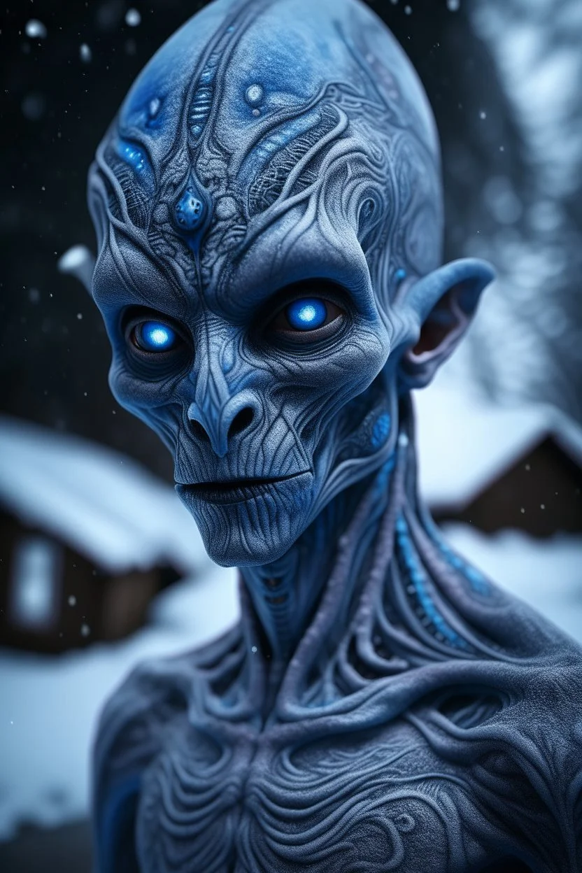 holographic simulation, beautiful xenobiotic alien man demon, scandinavian black tattoo on the body, super detailed face, blue eyes, against the backdrop of old dzherevyanny houses in the winter forest, falling snow in winter, professional photo, 4k, high resolution, high detail, close-up, octane, body art, patterns, lavender color, silver wire, artistic elven fantasy, filigree, dark botany, ultra detail, dark botany, photorealistic image