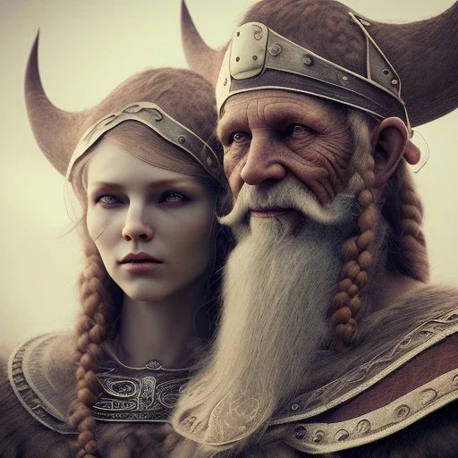 old viking with his wife, scary, steam punk, realistic, made in octane, cinematic, ultra-realistic, extremely detailed octane rendering, 8K, VRAY Super Real ar 2:3, dof photorealistic futuristic 50mm lens hard lighting dark gray tintype photograph, realistic lighting, sepia color