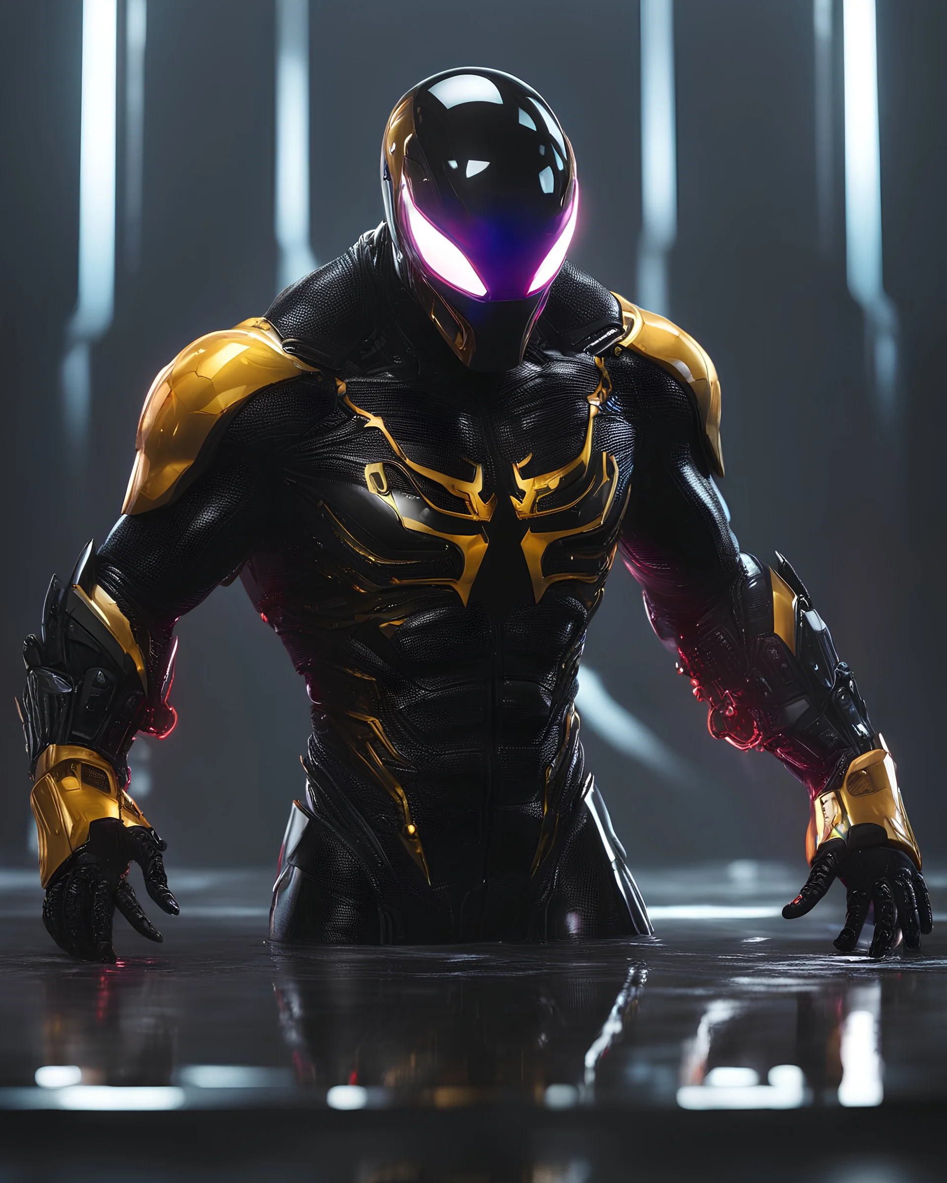 A detailed raw photo of the Venom black Cyborg made entirely of luminescent and translucent liquid materials, bathed in cinematic light. You can see all the inside of his body, with two Daft Punk-style, realistic elements, captured in infinite ultra-high-definition image quality and rendering