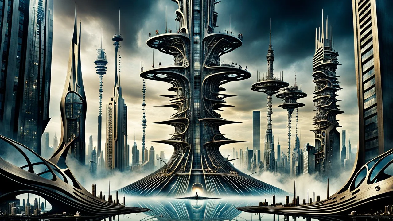 a stunningly weird image of a futuristic tall tower metropolis using Salvador Dali's paranoiac-critical method, where buildings and structures appear to melt into the skyline cityscape is filled with floating mad, twisted sharp metal shapes that interact with the buildings and each other, forming a surreal tableau of a dreamlike reality. neu-steampunk vibe, essence of the scene in a cinematic manner, dramatic shadows , perspectives and bizarre, deep colors, futuristic surreal