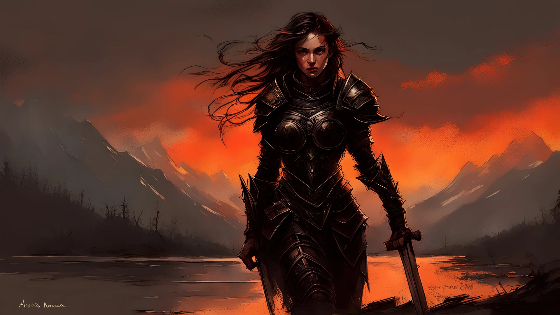 A formidable warrior girl in black armor, on the background Amazing gloomy landscape, flooded with sunset, mountains, trees, fabulous scary hero, , juicy emotions, painting, dark fantasy, gloomy day, dark world, portrait, by Alyssa Monks & Raymond Swanland & James Paick & Anna Razumovskaya