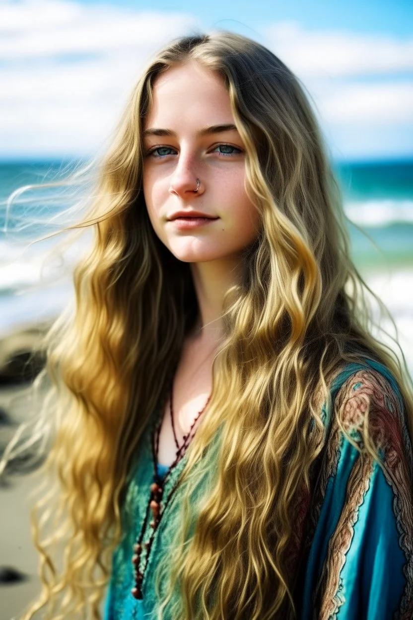 portrait of a 18 year old caucasian woman with and super long wavy blond hair, blue-green eyes, bohemian style standing next to the sea