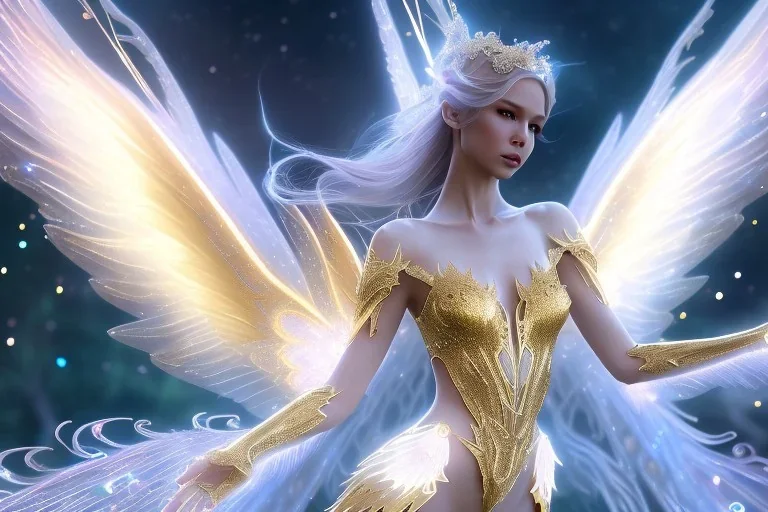  beautiful cosmic fairy, long hair, golden skin, nice smiling, transparent wings, magic glamour make up, delicate colors, beautiful glamour galactique dress, ultra sharp focus, 8k, unreal engine 5, extremely sharp detail, light effect, soft light atmosphere of a spaceship, smooth, full of details, face in front, complete vision of face and hair and body