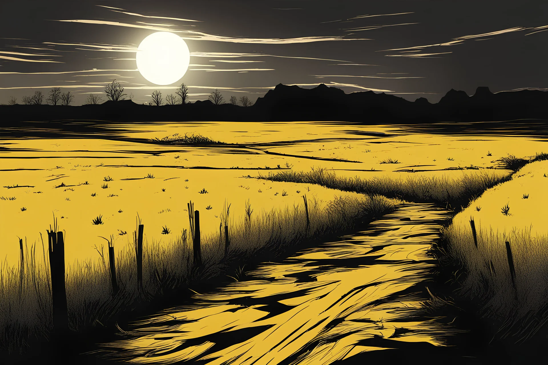 sunset, comic style, post-apocalypse field landscape, negative space, temporal hallucination, mystical, dark apocalypse, perspective, very bright yellow colors and deepblack, 4K desktop, ink, very high contrast, chiaroscuro
